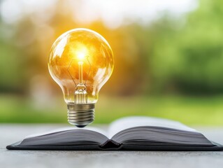 Poster - business bright idea concept. An open book with a glowing light bulb floating above it, symbolizing knowledge and inspiration.
