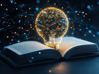 Poster - business bright idea concept. A glowing light bulb emerges from an open book, symbolizing ideas and knowledge.