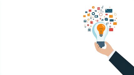 Aufkleber - business bright idea concept. A hand holding a light bulb with various communication icons above it.