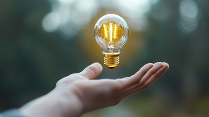 Poster - business bright idea concept. A hand holds a glowing light bulb in a serene outdoor setting.