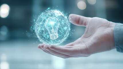 Poster - business bright idea concept. A hand holds a glowing light bulb surrounded by digital energy particles.