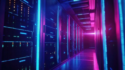 Poster - Vibrant data server corridor with purple and blue neon lights reflecting off metal surfaces, ideal for futuristic tech, network systems, and cloud infrastructure illustrations