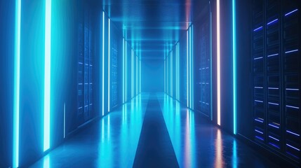 Poster - Futuristic data center corridor with glowing blue lights and server racks reflecting on a polished floor, ideal for illustrating cloud technology, networking, and cybersecurity concepts
