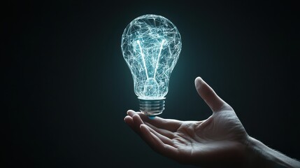 Poster - business bright idea concept. A hand holds a glowing light bulb made of wire, symbolizing ideas and innovation.