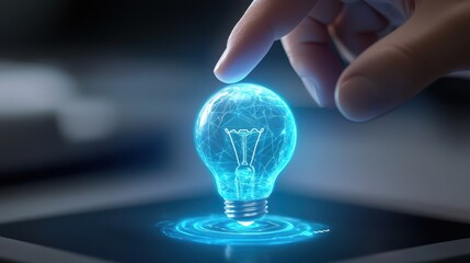 Poster - business bright idea concept. A hand interacts with a glowing light bulb on a digital tablet, symbolizing innovation and technology.