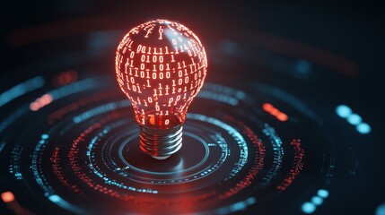 Poster - business bright idea concept. Light bulb with binary code in a digital environment, symbolizing innovation and technology.