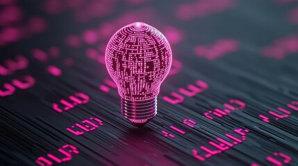 Poster - business bright idea concept. Light bulb made of digital code on a background of pink binary numbers.