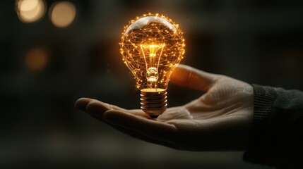 Poster - business bright idea concept. A hand holds a glowing light bulb, symbolizing creativity and innovation in a dark environment.