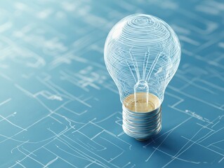 Poster - business bright idea concept. A clear light bulb surrounded by intricate lines on a blue background represents creativity and innovation.
