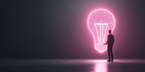 Poster - business bright idea concept. A person standing before a glowing light bulb graphic in a dark space.