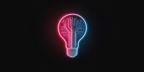 Poster - business bright idea concept. Neon light bulb design with circuit pattern symbolizing innovation and technology.