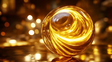 Poster - Glowing sphere with swirling light trails, bokeh background.