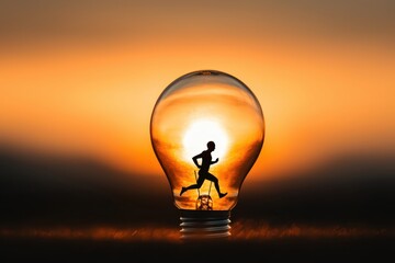 Poster - business bright idea concept. A silhouette of a runner inside a light bulb against a sunset backdrop.