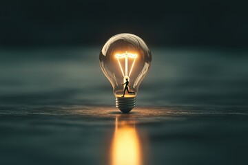 Poster - business bright idea concept. Light bulb glowing in a dark setting, symbolizing ideas and innovation.