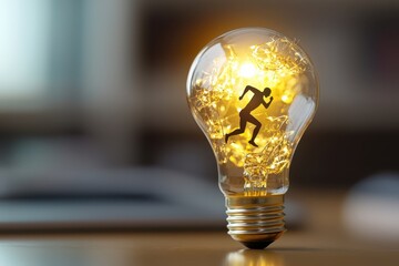 Poster - business bright idea concept. Light bulb with a running figure inside, symbolizing creativity and energy.