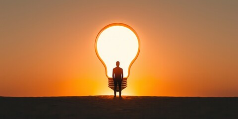 Poster - business bright idea concept. Silhouette of a person standing in front of a large light bulb at sunset.
