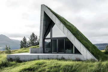 Poster - A minimalistic modern A-frame cabin with concrete textures and green roofs