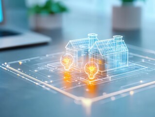 Poster - business bright idea concept. Digital blueprint of a house with glowing elements on a desk.