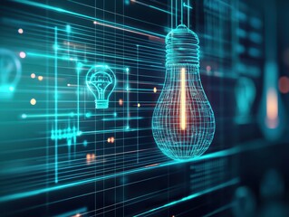 Aufkleber - business bright idea concept. Digital illustration of a light bulb with a futuristic tech background.