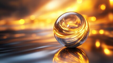 Fototapete - Glass sphere with swirling golden light inside, reflecting on a dark, shiny surface.