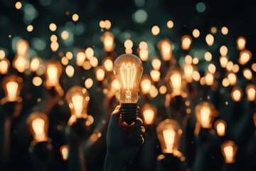 Poster - business bright idea concept. A hand holding a glowing light bulb surrounded by many illuminated bulbs in a dark setting.