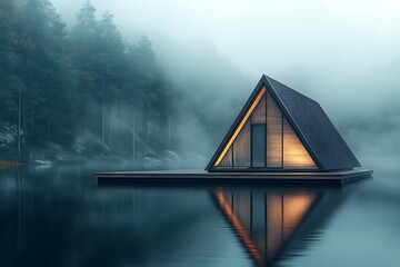 Poster - A minimalistic tiny A-frame cabin on a floating dock, misty lake background