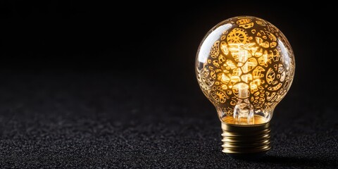 Poster - business bright idea concept. A decorative light bulb with intricate designs glowing against a dark background.