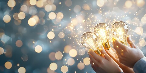 Poster - business bright idea concept. Hands holding glowing light bulbs against a blurred, bokeh background.