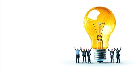 Poster - business bright idea concept. Light bulb symbolizing ideas with people celebrating around it.