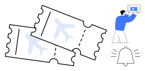 Poster - two airplane tickets, user managing a device, and alert icon suggesting notifications or reminders. 