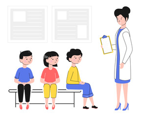 Poster - Cartoon Color Character Children Waiting at Hospital Concept Flat Design Style and Line Elements. Vector illustration of Queue
