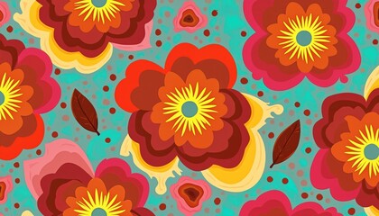 Poster - Psychedelic floral retro 70s background. Seamless pattern with bright colors, flower power vibes, stylized blooms and leaves on turquoise background. Groovy design for textile, wallpaper, home decor.