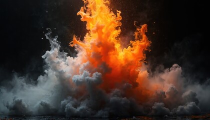 Poster - Illustration close-up fire, flames on black background. Fiery blaze, heat, danger. Burning element, inferno, glow. Abstract design. Red, orange, yellow colors. Dark background, smoky effect.