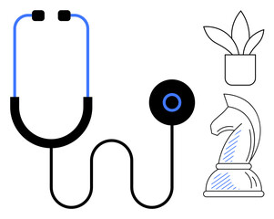 Poster - stethoscope, chess knight, and potted plant highlighting themes of healthcare, strategic planning, g