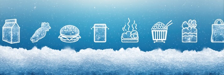 Poster - Display of Frozen Food Brand Icons Over a Clean Icy Gradient Layout Emphasizing Various Frozen Products