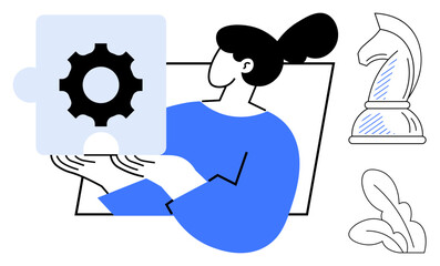 Poster - woman holds a gear puzzle piece, symbolizing solutions and innovation, beside a knight chess figure 