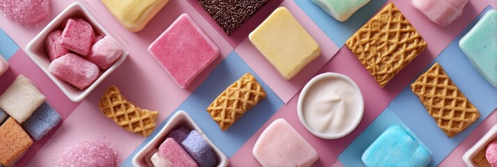 Aufkleber - Colorful Frozen Snack Assortment Arranged in Geometric Style Showcasing Vibrant Flavors and Textures in a Creative Layout
