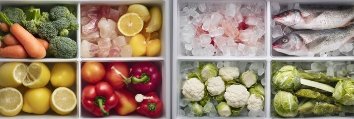 Poster - Comparing Shelf Life of Fresh and Frozen Food With Vegetables, Fruits, and Fish Displayed in Clear Sections