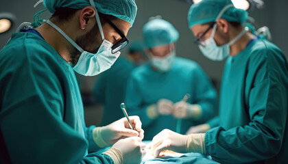 Aufkleber - Surgeons in scrubs perform minimally invasive surgery with precision in operating room. Medical team at work. Surgical tools, equipment, patient care, health, technology, pro expertise.