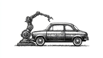 Poster - robotic car manufacturing process - a vintage illustration showing a robotic arm interacting with a 