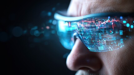 Aufkleber - Business confident finance concept. Close-up of a person wearing futuristic glasses with a digital city reflection.