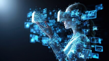 Poster - Business confident finance concept. A woman interacts with digital technology through virtual reality graphics.