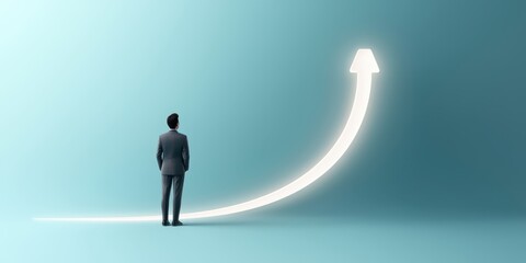 Poster - Business confident finance concept. A man stands before an upward arrow, symbolizing growth and potential.