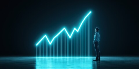 Aufkleber - Business confident finance concept. A person observes a glowing upward graph in a dark environment.