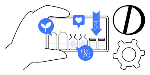 Poster - hand holding a smartphone showcasing product bottles with sale, percent, and thumbs up notification 