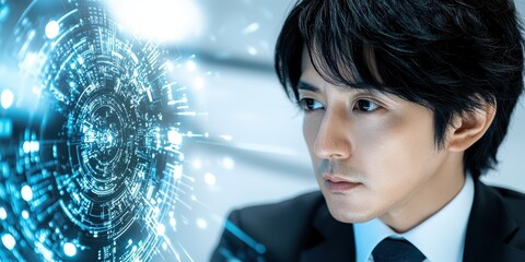 Aufkleber - Business confident finance concept. A focused individual analyzing digital data in a futuristic setting.