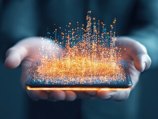 Aufkleber - Business confident finance concept. A hand holding a smartphone with a digital data visualization emerging from the screen.