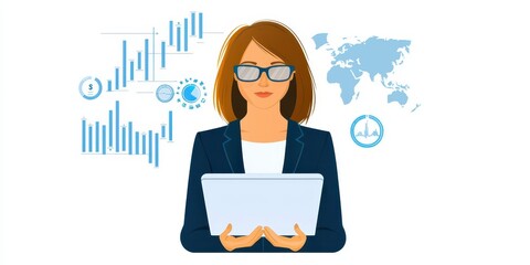 Aufkleber - Business confident finance concept. Businesswoman with laptop and data charts, representing analytics and professional growth.