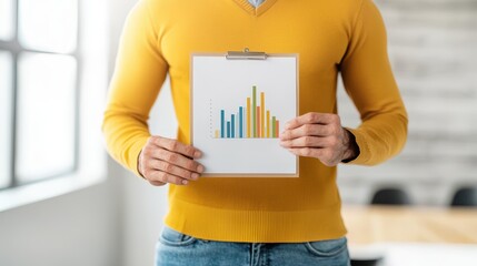 Aufkleber - Business confident finance concept. Person in a yellow sweater holding a clipboard with a colorful bar graph chart.