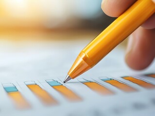 Aufkleber - Business confident finance concept. A hand holding a yellow pen marks data on a colorful chart with blurred background.